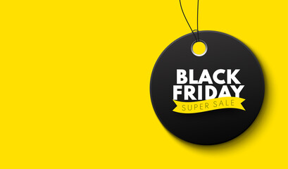 Black Friday Sale Banner with a black price tag isolated on yellow background. Vector advertising banner