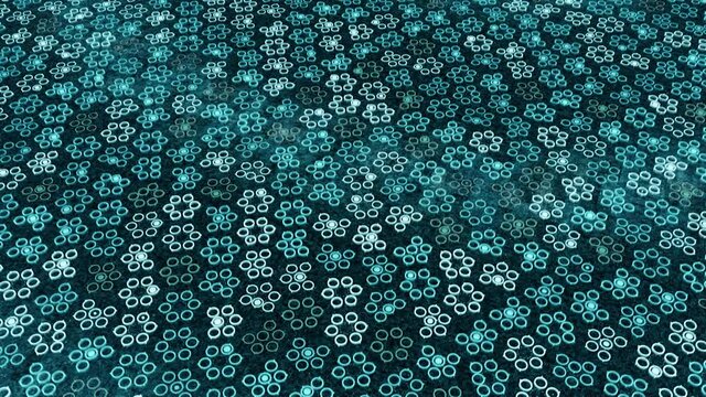 Colored background with moving pattern of circles. Animation. Cyber field with moving roundels forms primitive floral pattern. Simple floral pattern of round stones in electronic space
