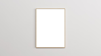 The thin wooden frame on a wall. Wooden mockup frame. Vertical mockup of a black picture frame....