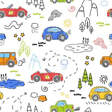 Children's pattern with cute cars. Funny cars.Vector hand-drawn collection for decorating a children's room with a seamless pattern for children's goods, fabrics, backgrounds, packaging, covers.