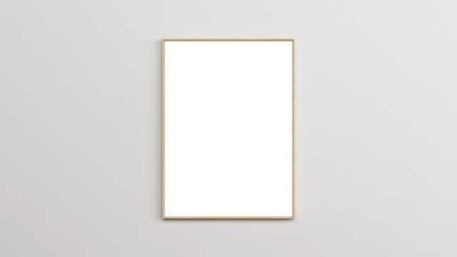 The thin wooden frame on a wall. Wooden mockup frame. Vertical mockup of a black picture frame. Single black empty mockup frame hanging on a white wall. 3d illustration.