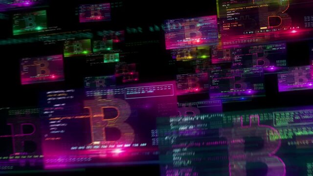 Bitcoin mining on computer screens loop. Digital crypto currency, cyber money and digital banking concept 3d loopable and seamless abstract animation. Camera flight between displays.