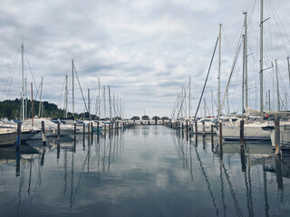 Fototapeta na wymiar Beautiful Adriatic sea with a lot of modern rich yachts. Summer travel concept. Creative hotel. 