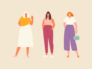 Fashionable young modern girls in casual clothes. Vector illustration set