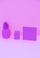 Creative objects in isometric violet space. Minimal. Still life scene