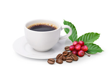 Hot coffee with roasted and red coffee beans isolated on white background.
