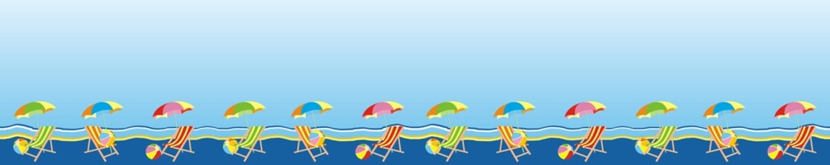 Group of parasol and beach balls, border, theme for a beach fabric fence against the wind, seamless, vector