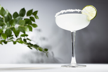 Summer margarita cocktail with sour green lime and sugar rim in elegant glass with green foliage in...