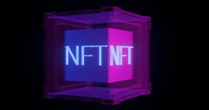 Smooth rotation of the inscription on the NFT neon glass in a neon glass cube on a black background. 3d render.