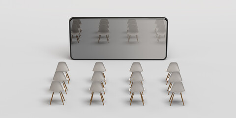 Smartphone cinema concept. Chairs in front of cell phone. Banner. 3D illustration. App. Copy space.
