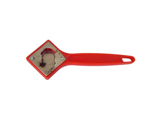 a front part of multi function orange coloured bottle opener on white background