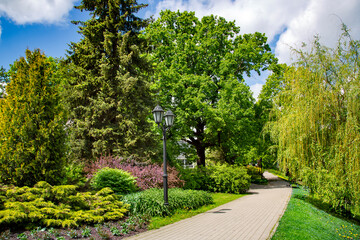 Fototapeta na wymiar Beautiful mixed city park with coniferous plants and vintage lantern near the city canal in Riga, capital of Latvia