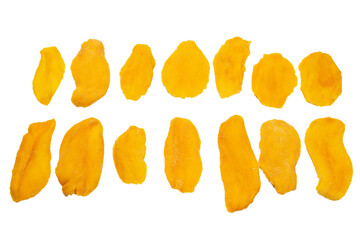 Dry tasty mango slices isolated on a white background.