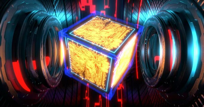 Rotating neon cyber cube in futuristic interior with circuit board pattern, looped background. Microprocessor technology concept. Quantum processor. 3d render.