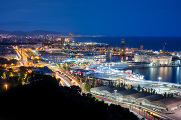 Night cityscape of the port of Barcelona