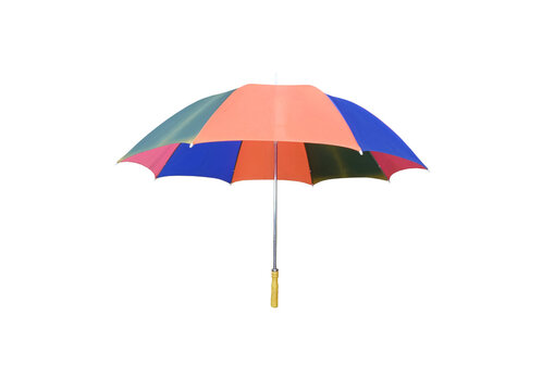 Closeup, Single rainbow umbrella isolated on white background for stock photo or design, invesment, business, summer concept