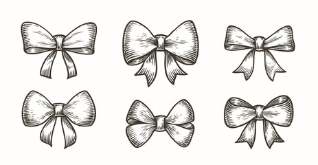 Retro bows and ribbons. Set of decorations for decorating a gift or holiday. Sketch vintage vector illustration