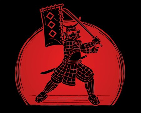 Samurai Warrior or Ronin Japanese Fighter Action with Armor and Weapon Cartoon Graphic Vector