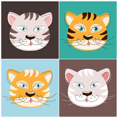 The muzzles of tigers of four types of different colors on multi-colored backgrounds. Set of vector illustration in the style of line art