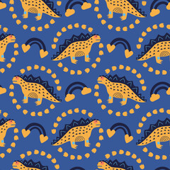 Vector illustration of seamless pattern with a dinosaur. Yellow dino around footprints, rainbow. On a dark blue background. For printing on fabric, for decorating a nursery, digital. Hand-drawn style.