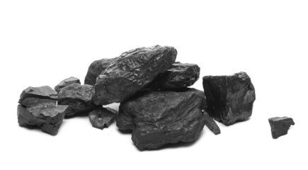 Black coal chunks pile isolated on white background