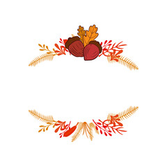 Vector Autumn Frame with Acorn and Colorful Leaves Isolated on White Background, Autumn Season Colors.
