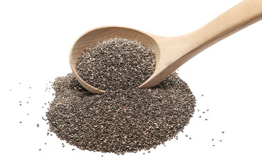 Chia seeds with wooden spoon isolated on white background