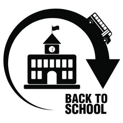 Back to school icon with circular return arrow, school and school bus.