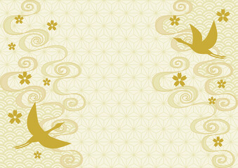 鶴と桜と和柄の背景イラスト: 青海波・麻の葉模様