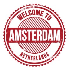WELCOME TO AMSTERDAM - NETHERLANDS, words written on red stamp
