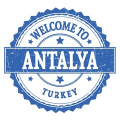WELCOME TO ANTALYA - TURKEY, words written on blue stamp
