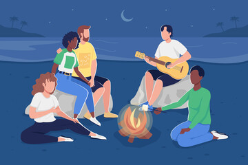 Gathering together around campfire flat color vector illustration. Beach trip. Roasting marshmallows and playing guitar. Camping with friends 2D cartoon characters with night beach on background