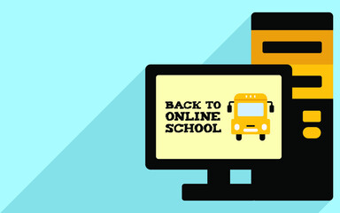 Back to online school banner with computer and school bus.
