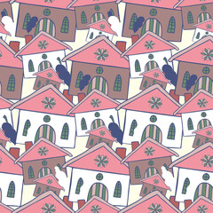 Seamless vector pattern of cartoon houses in the city in pink pastel tones