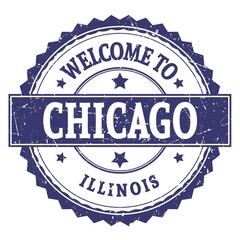WELCOME TO CHICAGO - ILLINOIS, words written on blue stamp