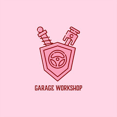 Automotive car service or shock absorber, piston, steering and shop logo design on pink background