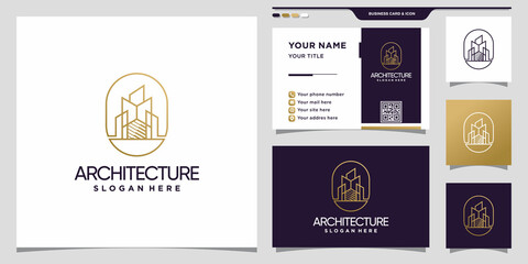 Naklejka premium Architecture logo design template with linear style and business card. Logo design inspiration for construction Premium Vector