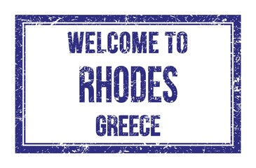 Fototapeta premium WELCOME TO RHODES - GREECE, words written on dark blue rectangle stamp