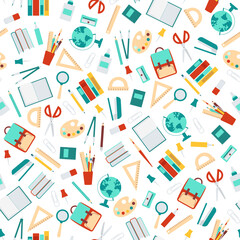 Fototapeta na wymiar Seamless pattern of school tools, supplies, stationery in flat style. Continuous print for cover, wrapping paper, wallpaper, textile. Vector illustration isolated on white