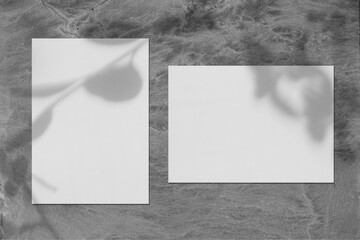 Two empty white vertical and horizontal rectangle poster or card mockups with soft tree leaves and branches shadows on neutral light grey concrete wall background. Flat lay, top view