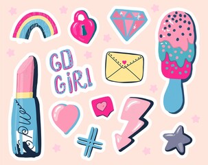 A set of cute stickers for girls. Stickers for diary and notebook. Vector illustration.