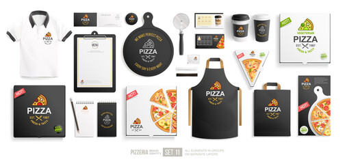 Pizza package with logo restaurant brand Identity mock-up set isolated on white background. Branding bundle of vegetarian pizza box, pizzeria flyer, stationary items. Cafe corporate identity mock up - obrazy, fototapety, plakaty