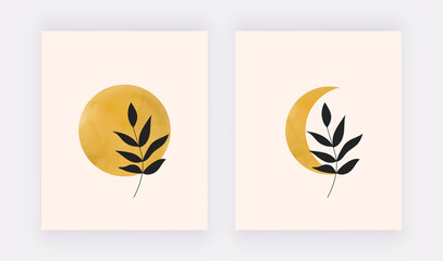 Boho botanical wall art prints with yellow moon. Vector geometric backgrounds
