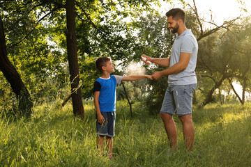 Man applying insect repellent on his son's arm in park. Tick bites prevention