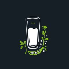 Soy milk in glass. Vector sketch symbol Fresh bean