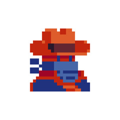 The robber in a mask, cowboy male character. Avatar, portrait, profile picture.  Pixel art. Flat style. Game assets. 8-bit. Isolated vector illustration.  Design for logo, sticker, app.