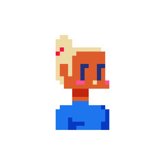 Fototapeta premium Fashion girl young blonde female character. Pixel art. Avatar, portrait, profile picture. Flat style. Design of 80s. Game assets. 8-bit. Isolated vector illustration.