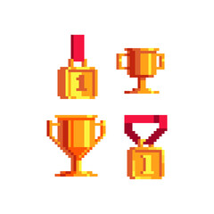 Winner's trophy award. Goblet and gold medal pixel art icon. Game emblem. Golden cup. Sports competitions olympic games. First place. Isolated abstract vector illustration. 8-bit sprite. 