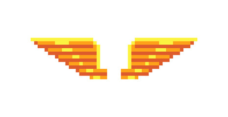 Obraz premium Golden wings logo. Pixel art icons set. 8-bit sprites. Game assets. Isolated abstract vector illustration.