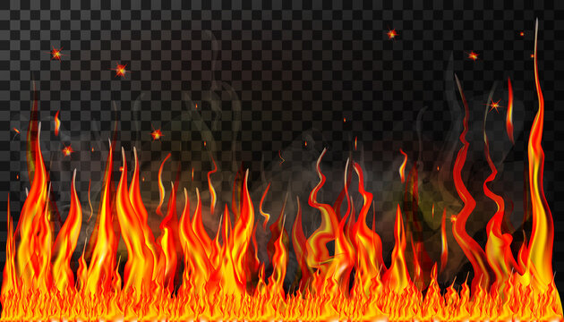 Flames and smoke with sparks of fire on a transparent background for use in dark illustrations. A horizontal wall of fire. Transparency is only in vector format. Illustration in a realistic style